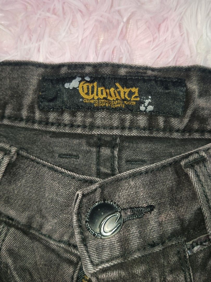 Cloud 72 Black Washed Jeans Size 30 (Category: Jeans) located in Jolo. Submitted by zah-zah (Listing ID 1465784399, Image 3). Description: - Brand: Cloud 72 - Size: 30 - Style: Straight leg, Y2K aesthetic - Color: Dark grey washed - Details: Detailed stitching on back pockets, studded embellishments - Features: Branded button closure and leather patch on back waistband.