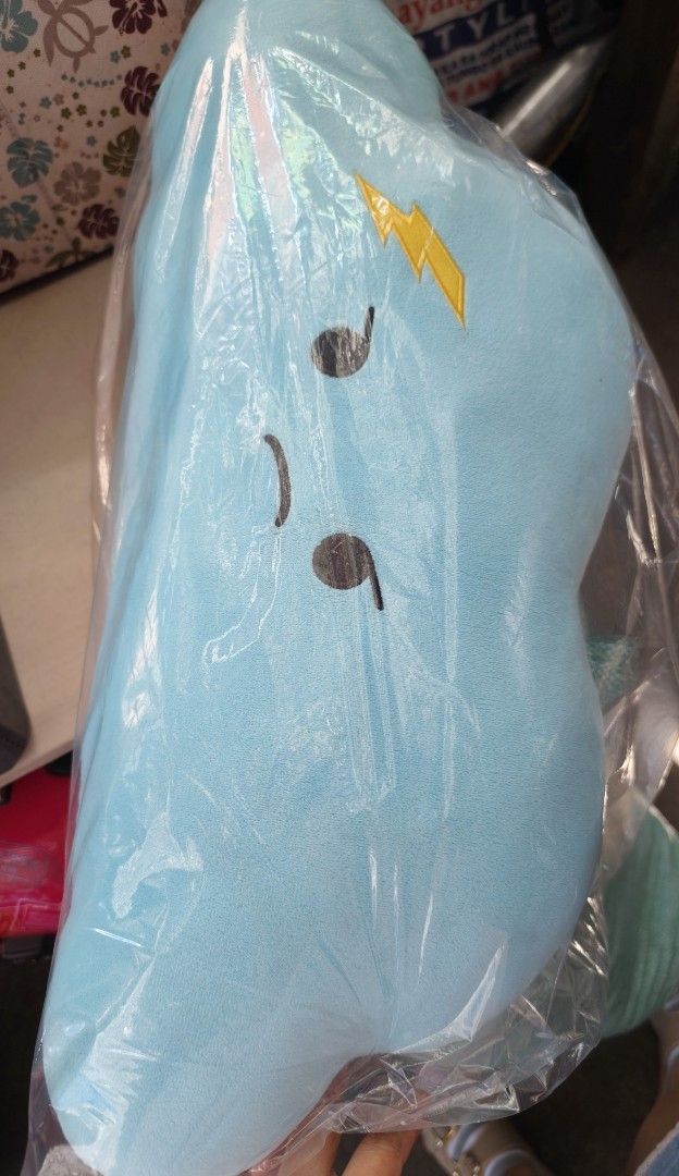 Cloud and drop plush pillow set (Category: Bedding & Towels) located in Manila. Submitted by gelvy1316 (Listing ID 1465801508, Image 2). Description: - 2 way color 1 pink drop and 1 blue cloud back and front. - Features adorable embroidered faces and lightning bolt details - Super fluffy and comfortable for bed decor or lounging - Brand new and sealed in original plastic packaging.