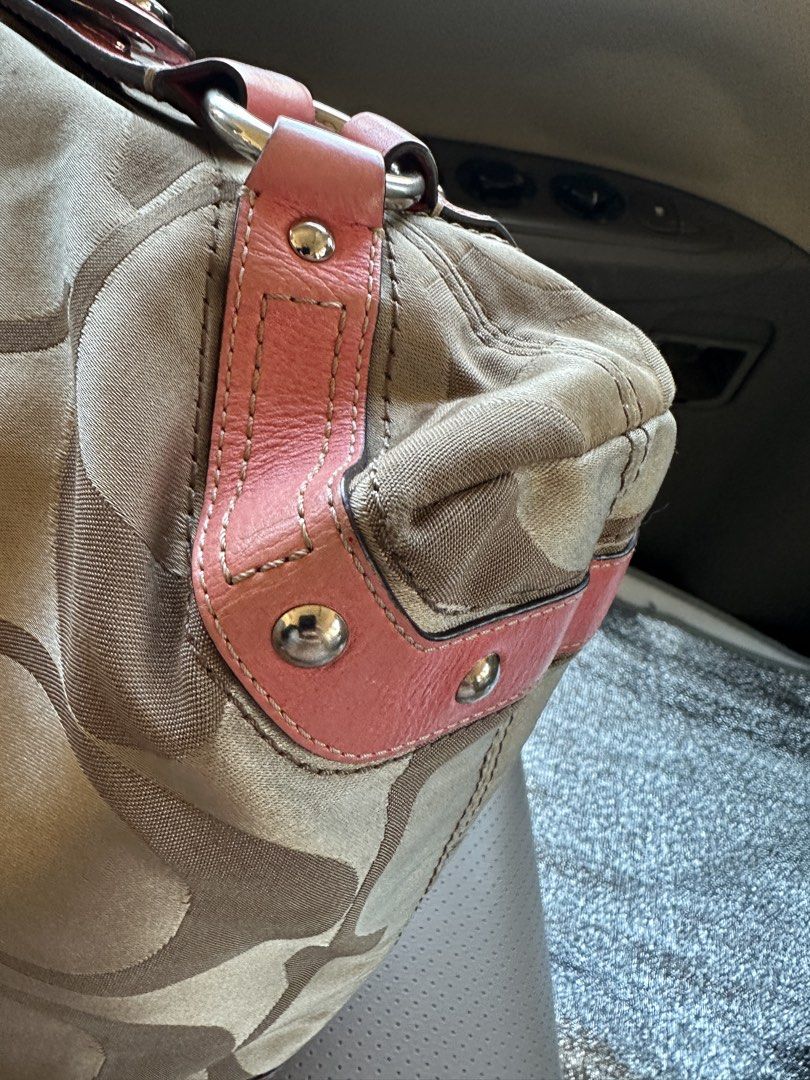 Coach Coral/Pink Carly Medium size (Category: Luxury Bags & Wallets) located in Manila. Submitted by glesylbd_22 (Listing ID 1465782918, Image 3). Description: -Needs wash -Minimal rubs on corners - Authentic Coach shoulder bag in beige signature C print - Stylish pink leather trim with silver-tone hardware - Dual chain and leather shoulder strap with iconic Coach hangtag - Structured base with metal protective feet rivets - Secure zippered top c