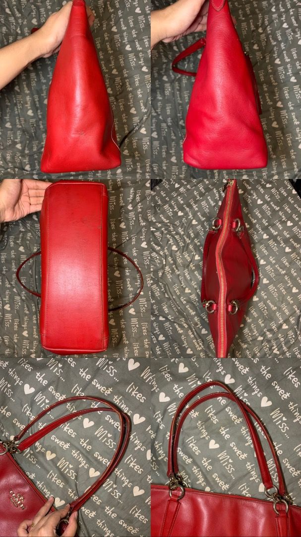 Coach Red Leather Tote Bag (Category: Tote Bags) located in Pasay City. Submitted by bhibeboutique (Listing ID 1465936502, Image 3). Description: - Brand: Coach - Material: Soft red leather with gold-tone hardware - Closure: Secure top zipper - Straps: Double shoulder straps with ring attachments - Design: Structured rectangular base and front gold logo lettering - Condition: Good overall, with some visible scuff marks on the base Pls manage your