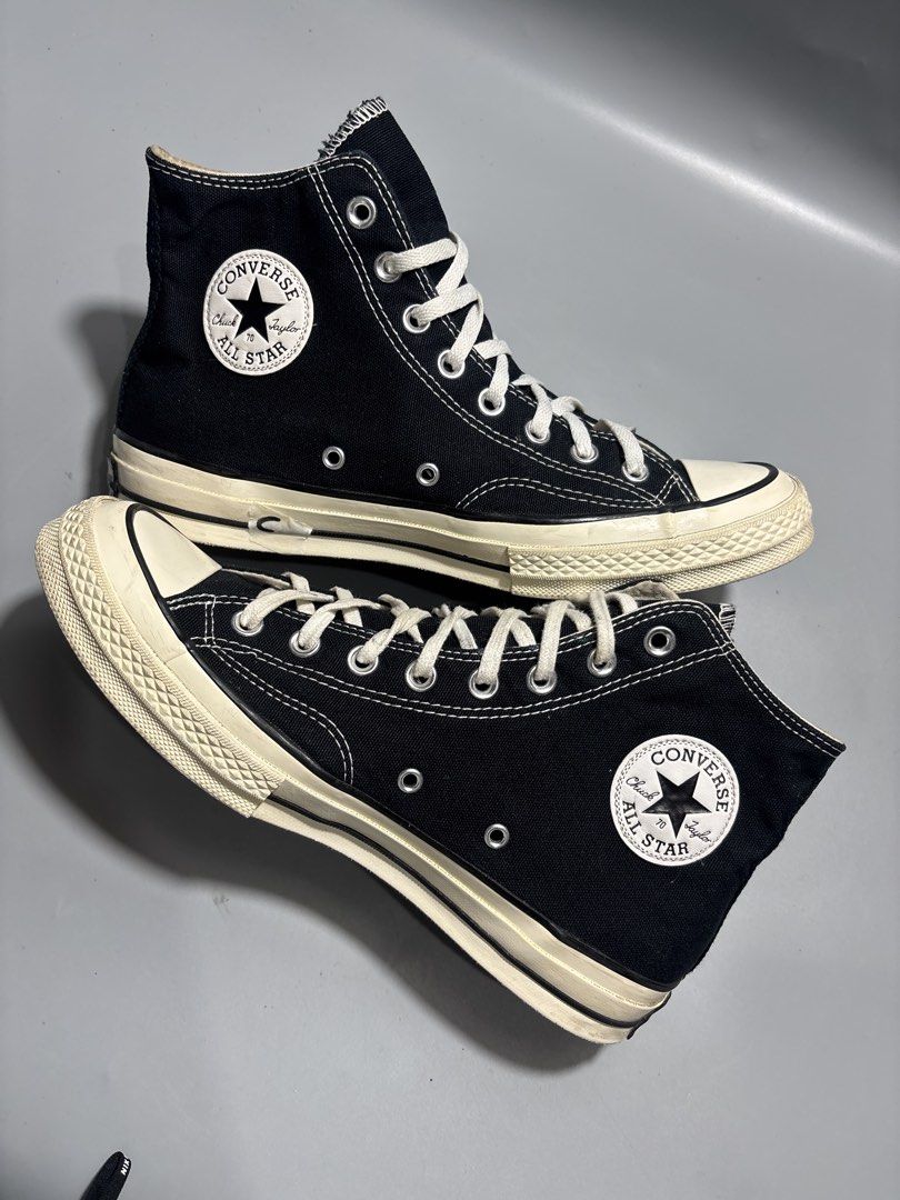 Converse Chuck 70 High Top Black (Category: Sneakers) located in Butuan. Submitted by shoeetasho (Listing ID 1465927808, Image 3). Description: - Brand: Converse Chuck 70 High Top - Color: Classic Black Canvas with white laces and rubber toe cap - Size: 8.5 US / 42 EUR / 27 cm - Condition: Clean insoles and sturdy midsoles - Details: Features vintage-style heel patch - Style: Versatile everyday sneakers that match any outfit.