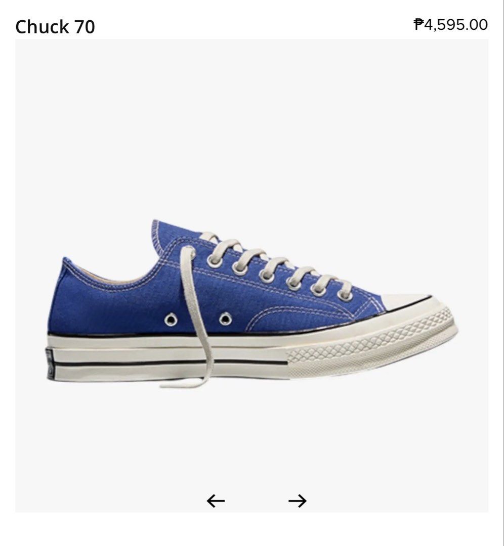 Converse Chuck 70 Low Blue Canvas (Category: Sneakers) located in Paranaque City. Submitted by theghoztbox (Listing ID 1465835396, Image 1). Description: Brand: Converse Model: Chuck 70 Canvas Style: A18158F_120 Color: Armor Blue/Egret/Black SRP: $90 US Bought w/Receipt Complete Package Steal Deal: ₱4000 Only.