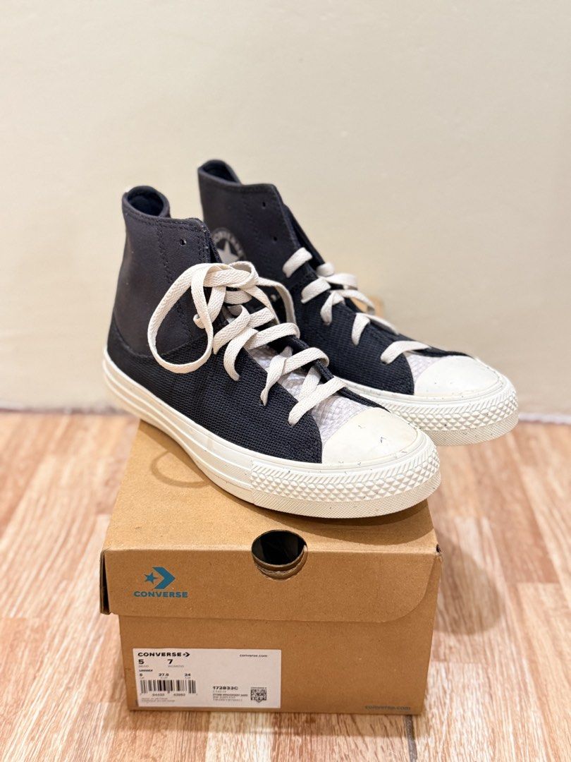 Converse High Top Sneakers Black w/ Specks (Category: Sneakers) located in Quezon City. Submitted by cndcvrtc (Listing ID 1465939586, Image 1). Description: - Model: Converse High Top Canvas Sneakers (Style Number: 172833C) - Color: Classic Black - Size: Women's US 7 / Men's US 5 - Details: Textured toe caps, thick white laces, and durable textured rubber midsoles - Inclusions: Original box included.