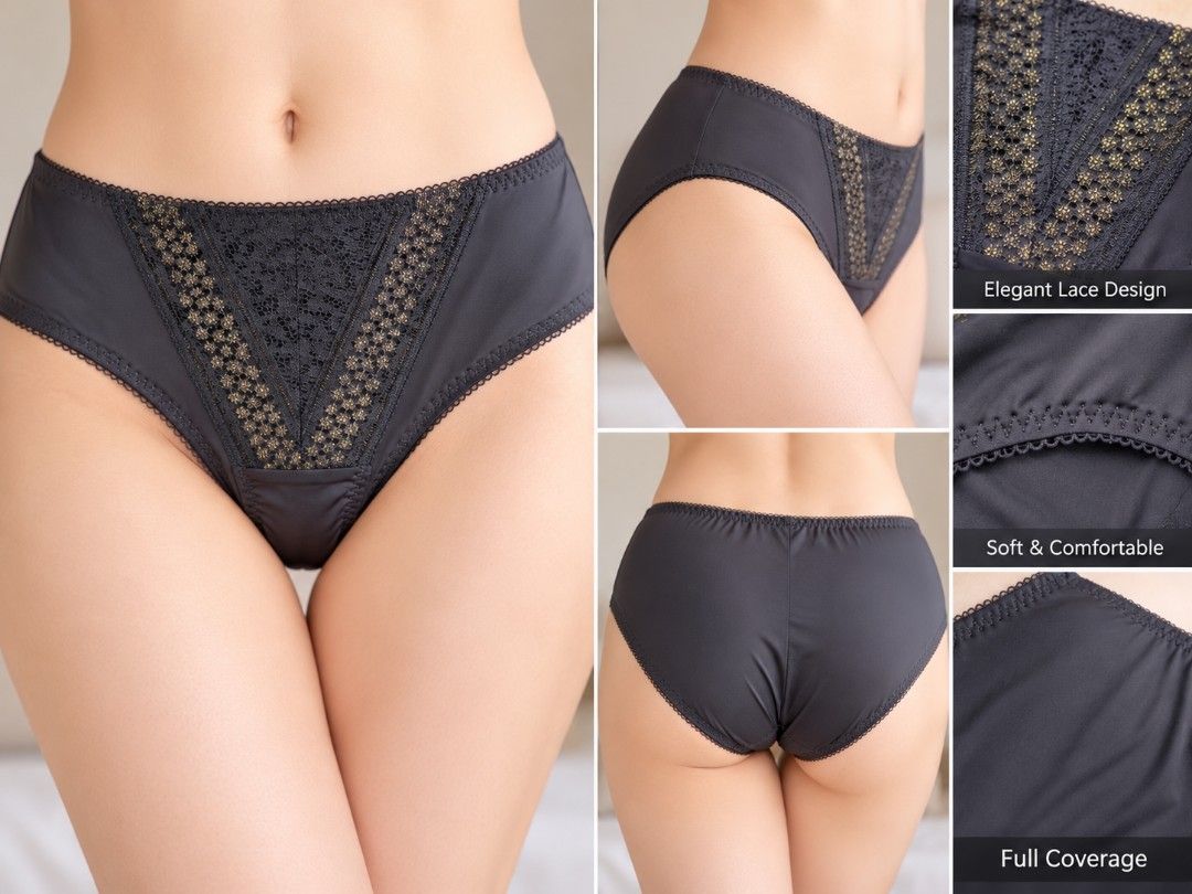 Cosmo Lady Black Lace Briefs Size M (Category: Undergarments & Loungewear) located in Rizal. Submitted by etcthings (Listing ID 1465926280, Image 1). Description: - Brand: Cosmo Lady - Size: 160/90 (M) - Condition: Brand new with original tags attached (unused) - Color: Black with chic gold and black front lace panels - Details: Smooth fabric, scalloped waist/leg trim, and a soft cotton gusset for comfort.