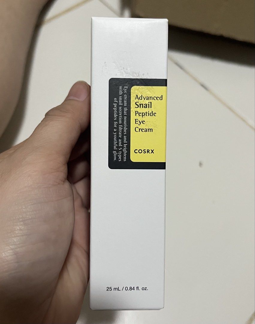 COSRX Advanced Snail Peptide Eye Cream 25ml (Category: Face Care) located in Rizal. Submitted by skincarehaulph (Listing ID 1465939438, Image 1). Description: - Authentic COSRX Advanced Snail Peptide Eye Cream (25ml / 0.84 fl. oz.) - Infused with snail secretion filtrate and 5 types of peptides to deeply nourish and brighten dark circles - Made in Korea with direct application instructions and full ingredients on the box - 12M period-after-openin