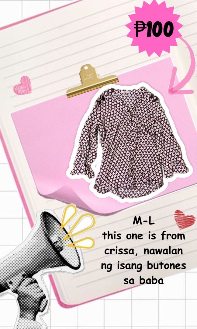 Crissa maroon geometric print long sleeve blouse (Category: Longsleeves) located in Echague. Submitted by reniellarose (Listing ID 1465853229, Image 1). Description: - Brand: Crissa - Style: Maroon & white geometric print long-sleeve blouse with button-down front - Size: Fits Medium to Large - Material: Lightweight and comfortable fabric - Condition: Good, but please note that one button at the bottom is missing - Perfect for daily casual wear.