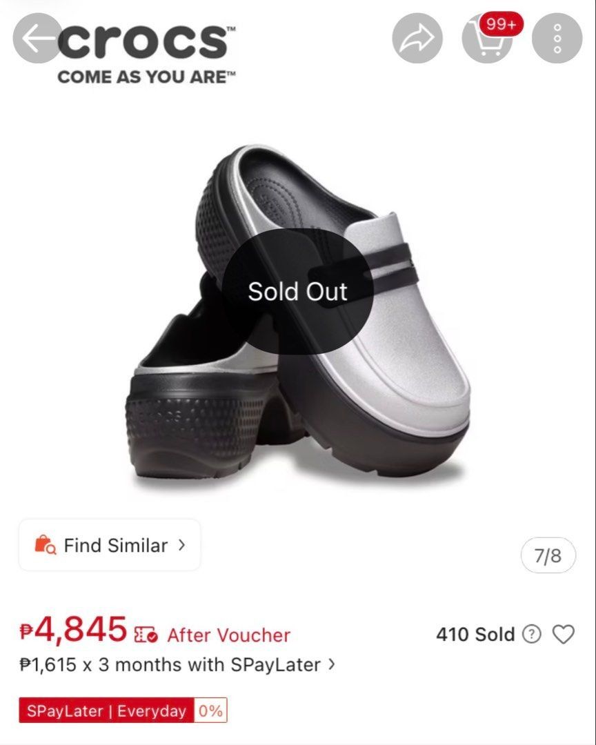 Crocs Stomp Metallic Loafer Silver Black (Category: Loafers) located in Cebu City. Submitted by buddylimong (Listing ID 1465766068, Image 2). Description: - Brand new and authentic crocs bought online from Crocs PH - Color: Silver and Black - Style: Metallic Loafer with contrast top strap - Sole: Chunky platform with durable lug tread - Comfort: Features signature Iconic Comfort footbed - Slip-on design for easy wear - Very cute IRL and seems to 