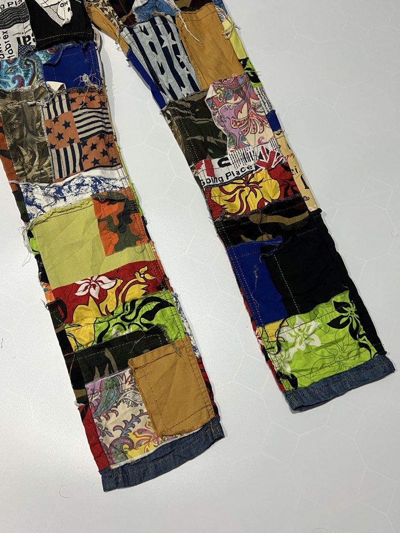 Custom Patchwork Jeans Upcycled Denim Pants (Category: Jeans) located in Caloocan City. Submitted by lostarchive_55 (Listing ID 1465918430, Image 3). Description: - One-of-a-kind upcycled denim jeans - Completely covered in multi-colored fabric patches - Features comic book, leopard print, camo, paisley, and floral patterns - Styled with distressed raw edges and visible seams - Includes custom back pockets and a dark wash waistband.