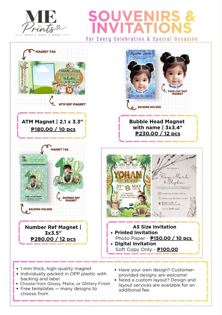 Custom Souvenirs and Invitations for Every Celebration (Category: Occasions & Party Supplies) located in Manila. Submitted by ylaikaaa (Listing ID 1465886424, Image 1). Description: - Custom magnets and invitations for birthdays, christenings, and special occasions - ATM Magnets: P180 for 10 pieces - Bubble Head & Number Ref Magnets: P280 for 12 pieces - A5 Printed Invitations: P150 for 10 pieces (Digital soft copy only available for P100) - Prem