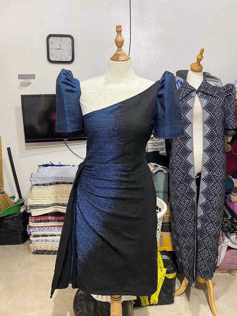 Customized Filipiniana Inabel (Category: Dresses) located in Quezon City. Submitted by dk1995 (Listing ID 1465847962, Image 2). Description: - Color: Black - Style: One-shoulder midi dress with subtle textured pattern - Details: Structured puff sleeve on the left, elegant draped accent on the right, straight hem - Condition: Worn once, freshly dry-cleaned, and ready to wear - Perfect for: Formal events, parties, and special occasions Worn once on