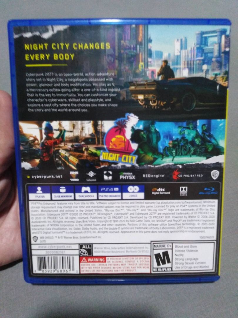 Cyberpunk 2077 PS4 game (Category: PlayStation) located in Quezon City. Submitted by p1.pio (Listing ID 1465857288, Image 2). Description: For sale: Cyberpunk 2077 PS4 game Good condition with normal signs of use Cover art has very small tears, data disc has some scratches on the top side (see photos) Tested and played to completion on PS4 Fixed price, no last price Location: Irosin, Sorsogon Delivery: J&T Express, buyer pays shipping fee Payment