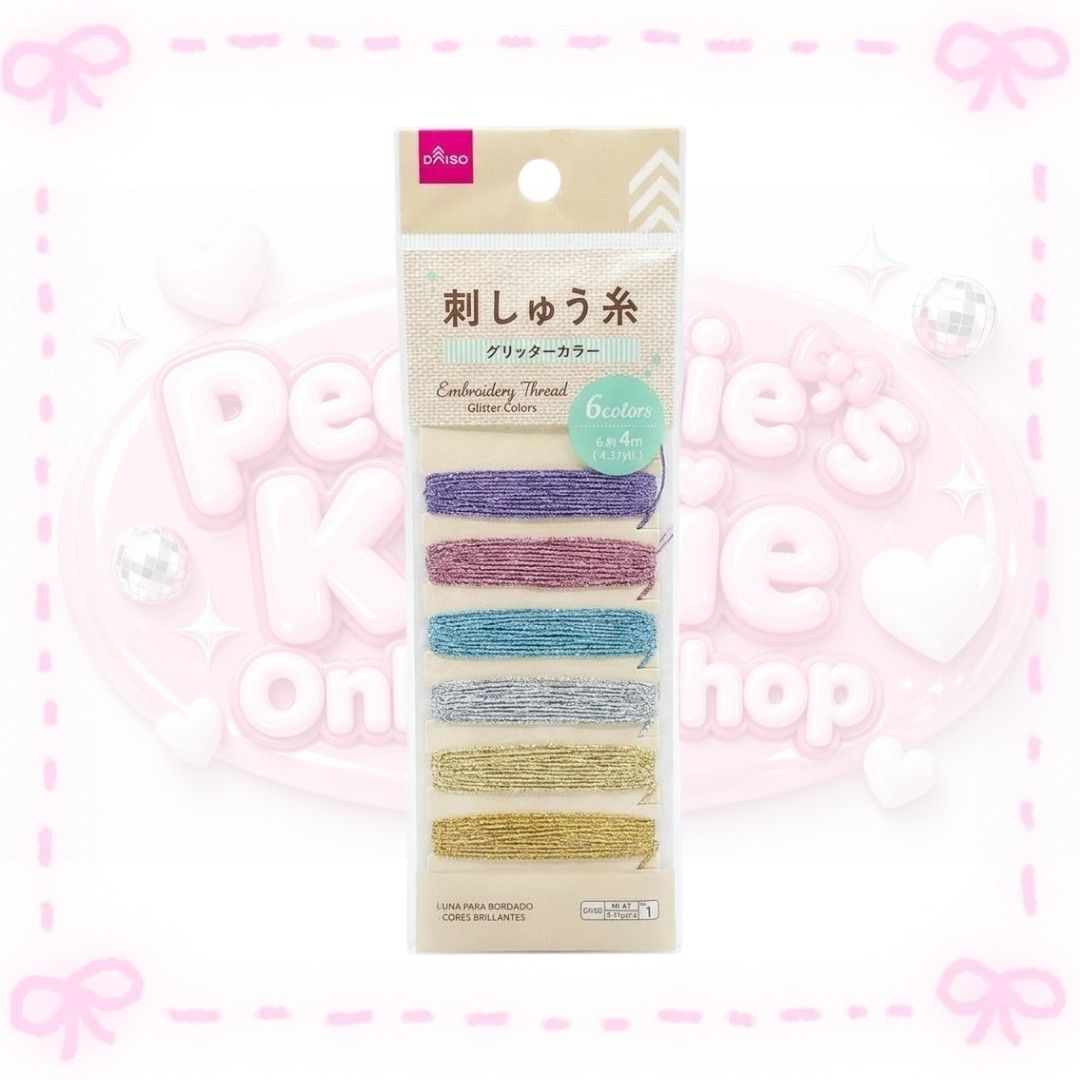 Daiso Glitter Embroidery Thread Set 6 Colors (Category: Craft Supplies & Tools) located in Sorsogon. Submitted by mitchelle0425 (Listing ID 1465913415, Image 1). Description: .