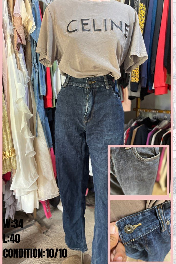 Dark Blue High-Waist Denim Jeans (Category: Jeans) located in Brookes Point. Submitted by grandfish.2f86fc (Listing ID 1465766018, Image 1). Description: - Style: Classic dark blue straight leg jeans - Fit: High-waisted with button closure and belt loops - Details: Front pocket design with stylish contrast stitching - Measurements: Waist 34, Length 40 - Fabric: Clean, high-quality dark wash denim - Condition: Excellent, well-maintained.