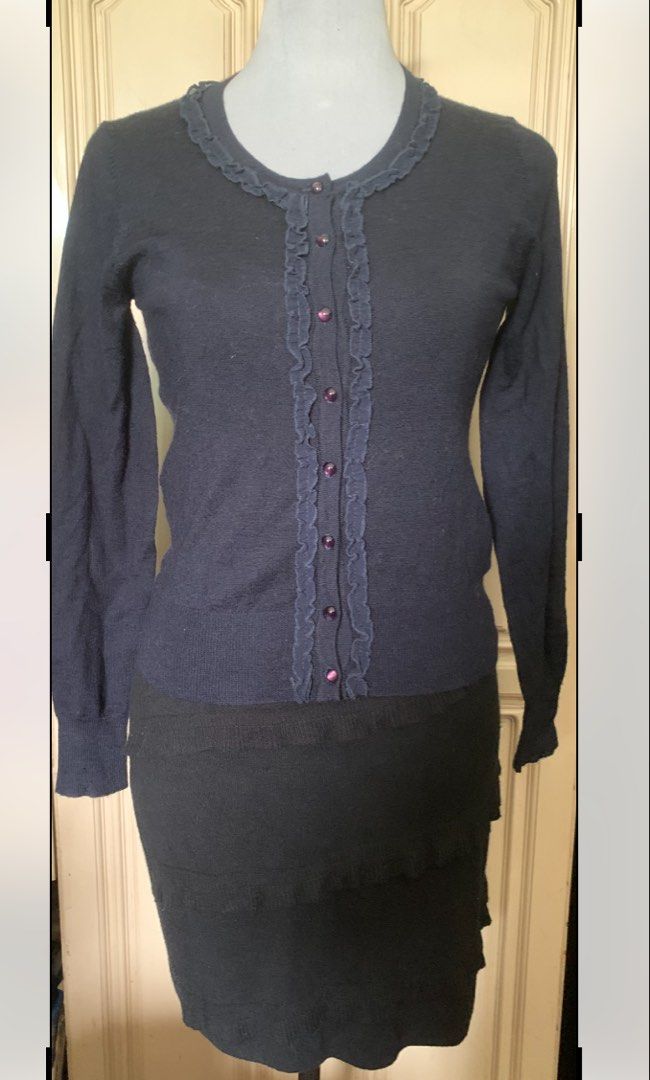 Dark Navy Blue Cardigan with Ruffle Trim (Category: Coats, Jackets and Outerwear) located in Quezon City. Submitted by clothingline4sale (Listing ID 1465896880, Image 1). Description: Dark Blue Button Down Ruffled Cardigan Very good condition/ like new Soft Fabric/ Buttons Working Size: medium Bust: 34-39” ; Length: 21” ; Arms Circumference: 14-18” Very nice in actual .
