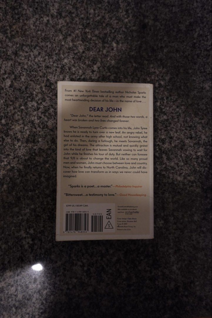 Dear John by Nicholas Sparks Paperback Novel (Category: Storybooks) located in Makati City. Submitted by closetwithandrea (Listing ID 1465866358, Image 2). Description: - Title: Dear John by Nicholas Sparks - Format: Paperback (Grand Central Publishing edition with iconic horse cover) - 📚 BOOKS FOR SALE Selling some books from my personal collection. All books are pre-loved and in good condition. 💰 PRICES ARE FIXED * Priced at 60% of their orig