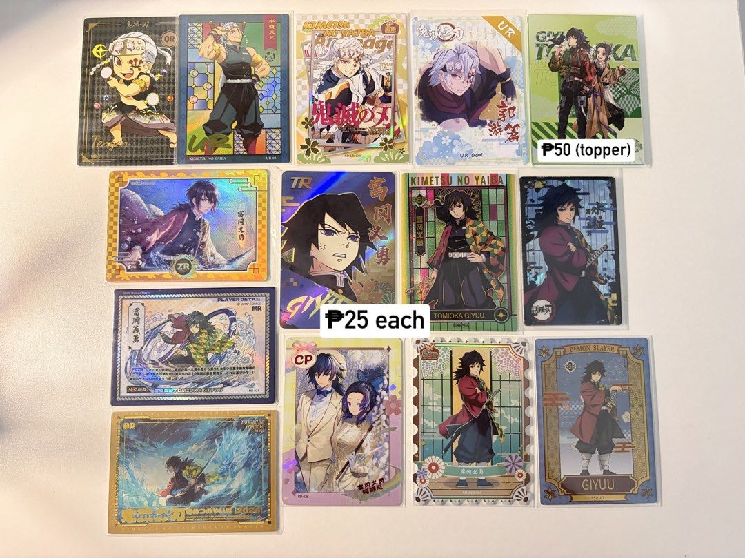 demon slayer cards -mix (Category: Raw Singles) located in Pagbilao. Submitted by yuharchives (Listing ID 1465846936, Image 2). Description: - decluttering my card stash 🫩 - price varies: ₱10-50 only (check photos) - with free cards (min. purchase of ₱50) if take all: ₱550 (48pcs + free cards) PAYMENT FIRST!:> 💵 MOP: Gcash, BDO, BPI, Maya, Seabank 🚛 MOD: J&T (69+ sf) / Lalamove (around lucena) 📍 LOC: Pagbilao/Lucena, Quezon Province.
