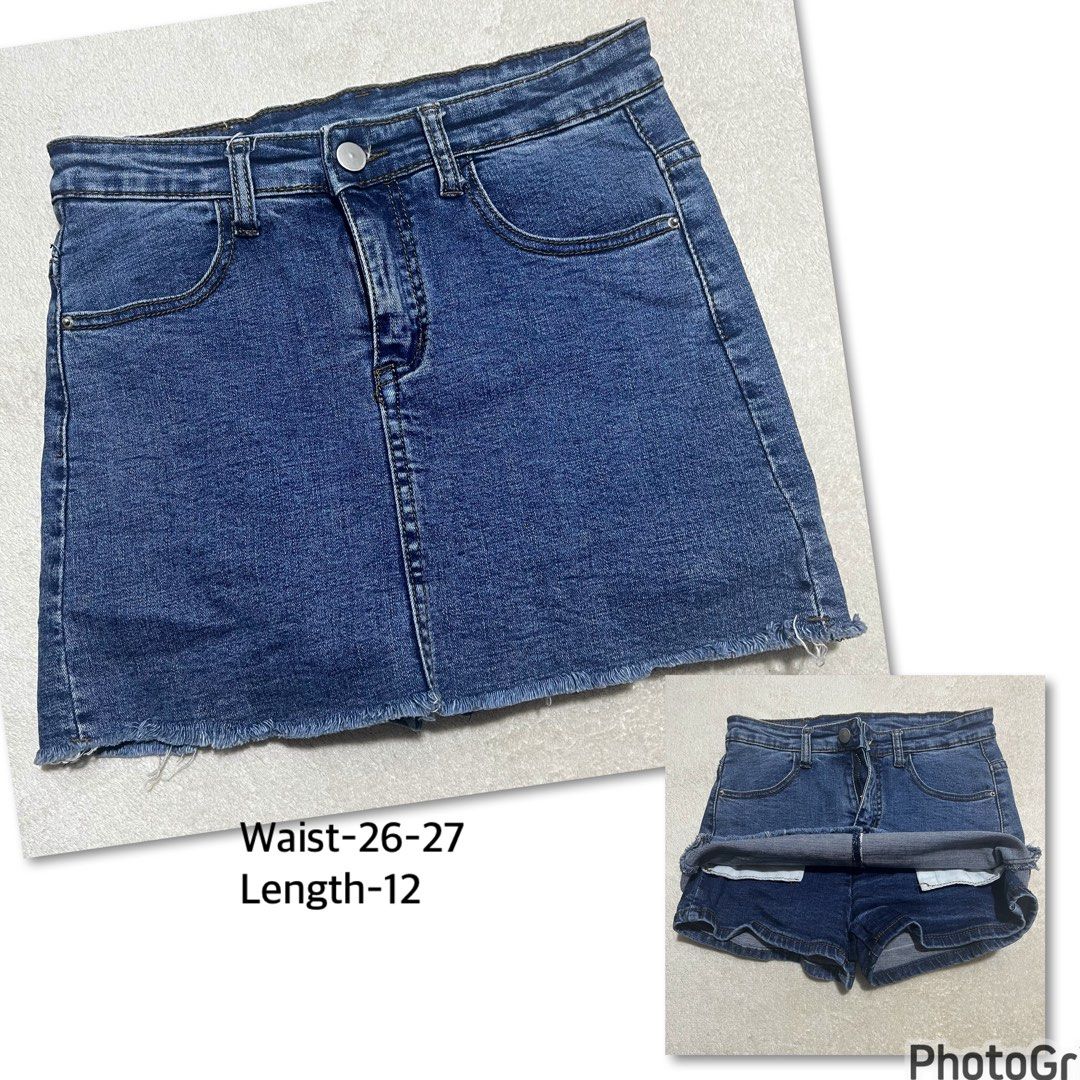 Denim skort (Category: Skirts) located in Santa Rosa. Submitted by bhelprelovedcloset (Listing ID 1465880871, Image 1). Description: • mini denim skort with a raw, slightly frayed hemline. • Closure: Standard button closure with a zipper fly and belt loops. • Pockets: Traditional 5-pocket design styling. • Measurements: • Waist: 26–27 inches • Length: 12 inches.