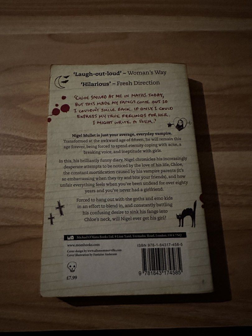 Diary of a Wimpy Vampire by Tim Collins (Category: Storybooks) located in Caloocan City. Submitted by by.sophia (Listing ID 1465932833, Image 2). Description: - Title & Author: Diary of a Wimpy Vampire by Tim Collins - Format: Paperback (Michael O'Mara Books) - Plot: Hilarious comedy about Nigel Mullet, a 15-year-old stuck in vampire form forever - Condition: Read once, clean pages, light shelf wear on cover corners - Target Audience: Great for t