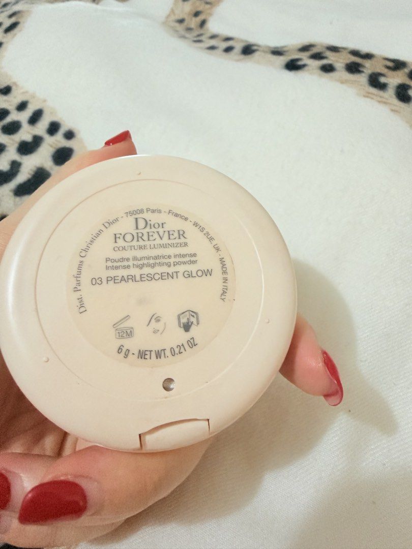 Dior Forever Couture Luminizer 03 Pearlescent Glow (Category: Makeup) located in Manila. Submitted by mengxir20193848 (Listing ID 1465879240, Image 2). Description: - Brand: Dior Forever Couture Luminizer - Shade: 03 Pearlescent Glow - Condition: Swatched once on the back of the hand (like new) - Net Weight: 6 grams - Origin: Made in Italy - Features: Iconic quilted design with CD logo and built-in mirror.