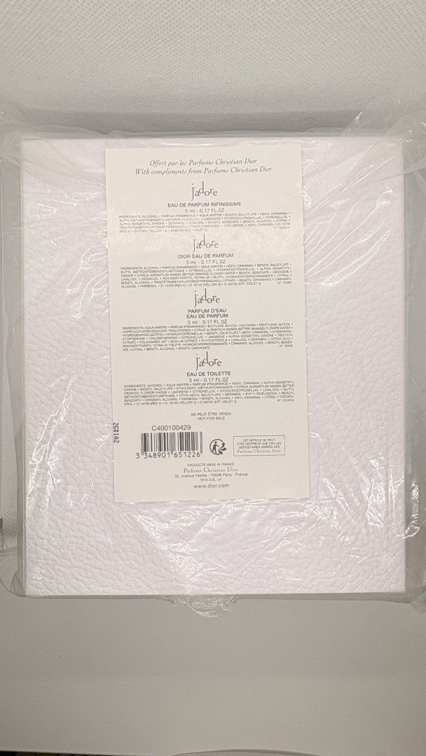 Dior J'adore Miniature Perfume Gift Set Box (Category: Fragrance & Deodorants) located in Manila. Submitted by prelovedbyc.hannah (Listing ID 1465850637, Image 2). Description: - 100% Authentic Dior J'adore Miniature Perfume Coffret - Includes 4 fragrances (5ml / 0.17 fl oz each): J'adore Eau de Parfum Infinissime, J'adore Eau de Parfum, J'adore Parfum d'Eau, and J'adore Eau de Toilette - Brand new, sealed in original plastic wrapping - Special e