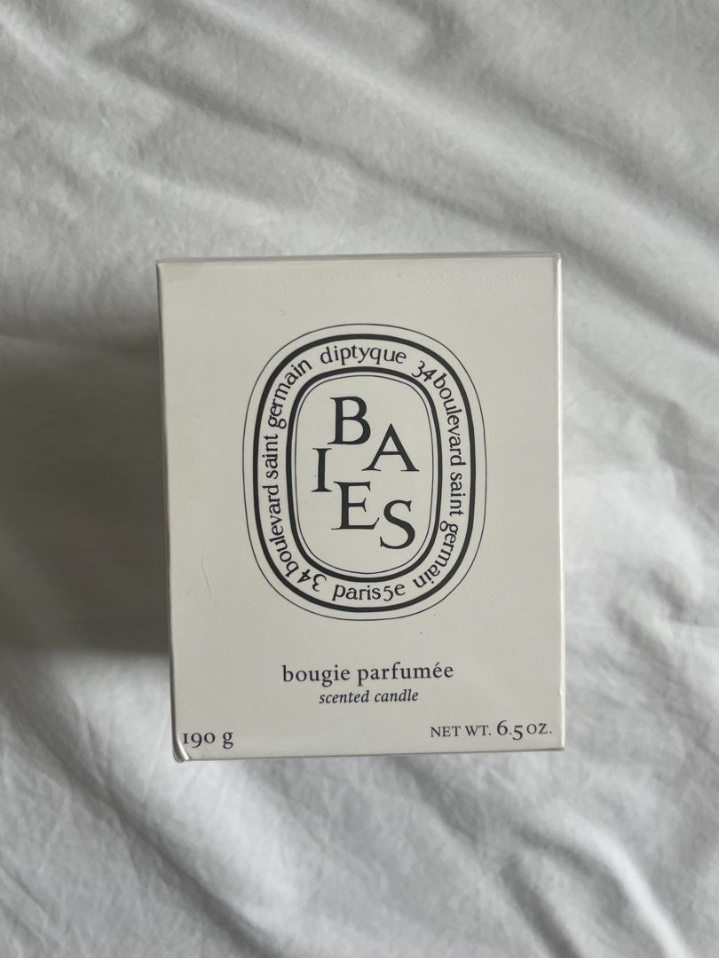 Diptyque Baies Scented Candle 190g (Category: Home Fragrance) located in Cebu City. Submitted by msgm55 (Listing ID 1465809193, Image 2). Description: Brand new Diptyque Baies (Berries) classic candle, 190g. Never lit, still sealed. Scent: blackcurrant leaves and Bulgarian rose, fruity, fresh, and floral Burn time: up to ~60 hours Includes: Diptyque paper bag and care card Perfect as a gift or for your own home. Great for living rooms, bedrooms, 