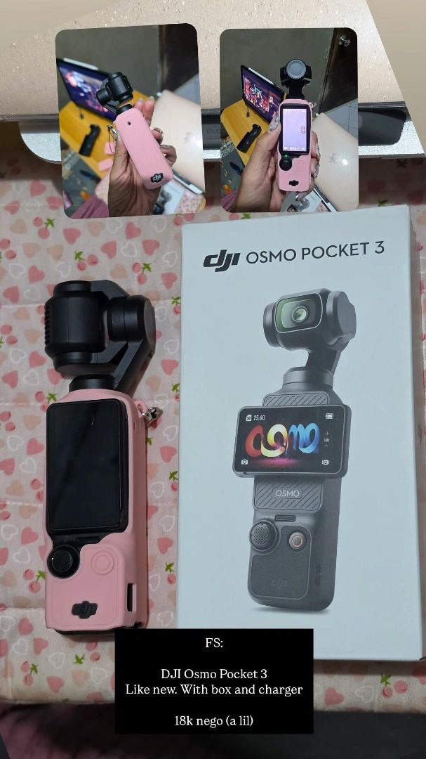 DJI Osmo Pocket 3 Vlogging Camera (Category: Cameras) located in Valencia. Submitted by safefire_f2784f (Listing ID 1465760427, Image 1). Description: - Item: DJI Osmo Pocket 3 - Protection: Includes pink silicone case - Inclusions: Original retail box and charger - Condition: Fully functional, screen powers on clearly - Pricing: Price slightly negotiable (PM for details).