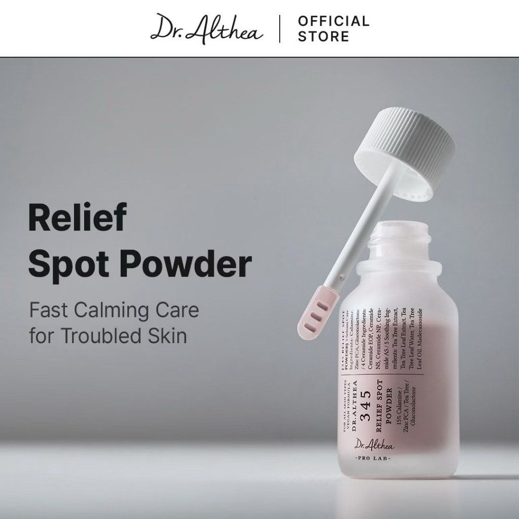 Dr. Althea 345 Relief Spot Powder (Category: Face Care) located in Manila. Submitted by scshellfinds (Listing ID 1465822124, Image 1). Description: - Product: Dr. Althea 345 Relief Spot Powder - Purpose: Fast-acting calming care for troubled skin and breakouts - Key Ingredients: 15% Calamine, Zinc PCA, and Tea Tree - Inclusions: Comes with a handy applicator wand .