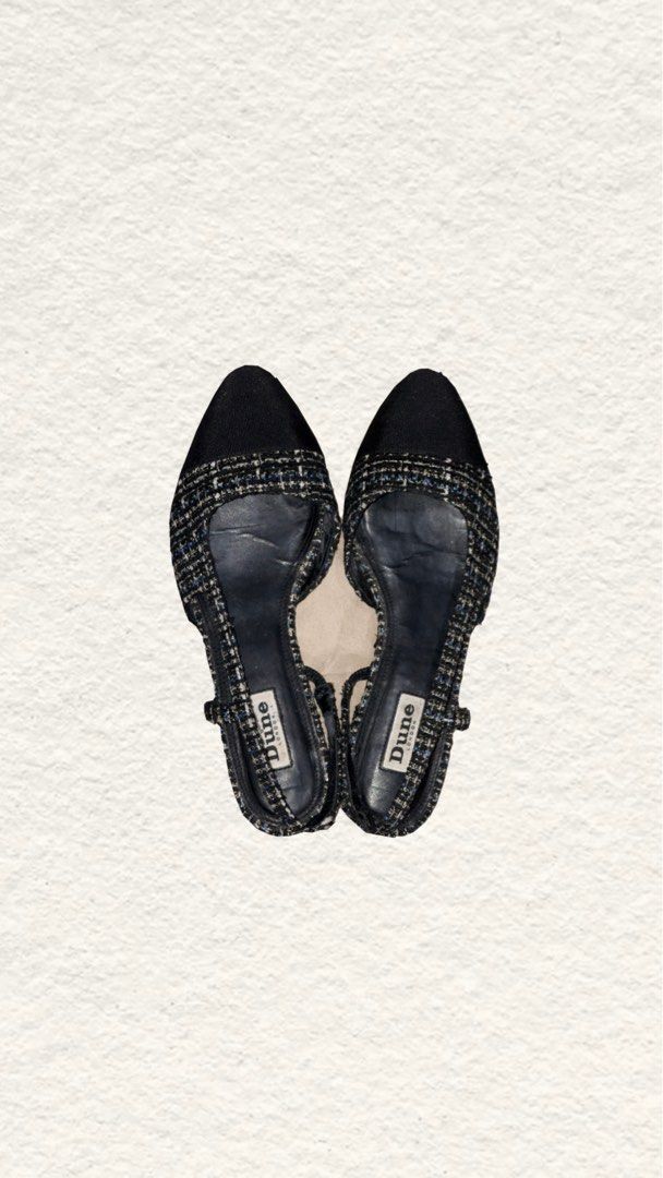 Dune London Black Tweed Pointed Toe Slingback Flats (Category: Flats & Sandals) located in Quezon City. Submitted by zealhorse_a9f3c3 (Listing ID 1465792008, Image 1). Description: - Brand: Dune London - Style: Chanel-inspired black and blue tweed slingback flats - Features: Pointed black toe cap, low block heel, and elasticated back strap for easy wear - Versatility: Perfect for pairing with office trousers or casual weekend denim - Defect: Blac