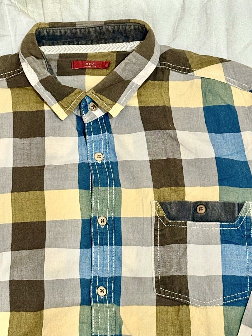 EDC by Esprit Men's Long Sleeve Plaid Button-Down Shirt (Category: Activewear) located in Taguig. Submitted by lgabiana (Listing ID 1465946773, Image 2). Description: Colorway: Navy/Teal Blue, Mustard Yellow, Olive Green, Chocolate Brown, Slate Grey, and Off-White Large Size.