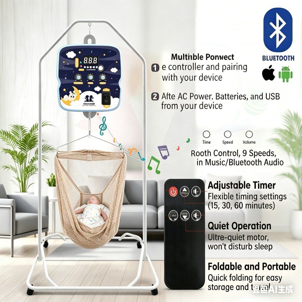 Electric Baby Cradle with Bluetooth and Remote Control (Category: Cots & Cribs) located in Zamboanga. Submitted by patootie_ (Listing ID 1465835260, Image 1). Description: Hands-free duyan! 🪽 Color: Blue with a sturdy white stand Includes: Breathable mesh hammock (blue), springs, and electronic controller unit Smart Features: Bluetooth connectivity, remote control, and ultra-quiet motor Customizable: 9 speed levels and adjustable timer (15, 30, 