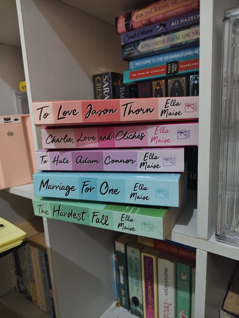 Ella Maise Book Set - 5 Novels (Category: Storybooks) located in Manila. Submitted by lizzys00 (Listing ID 1465781410, Image 1). Description: - Set of 5 Ella Maise romance novels - Titles: To Love Jason Thorn, Charlie, Love and Clichés, To Hate Adam Connor, Marriage For One, The Hardest Fall - Format: Paperback - Condition: Shows yellowing, foxing spots on edges, and spine creases due to age - Selling as a complete bundle only.