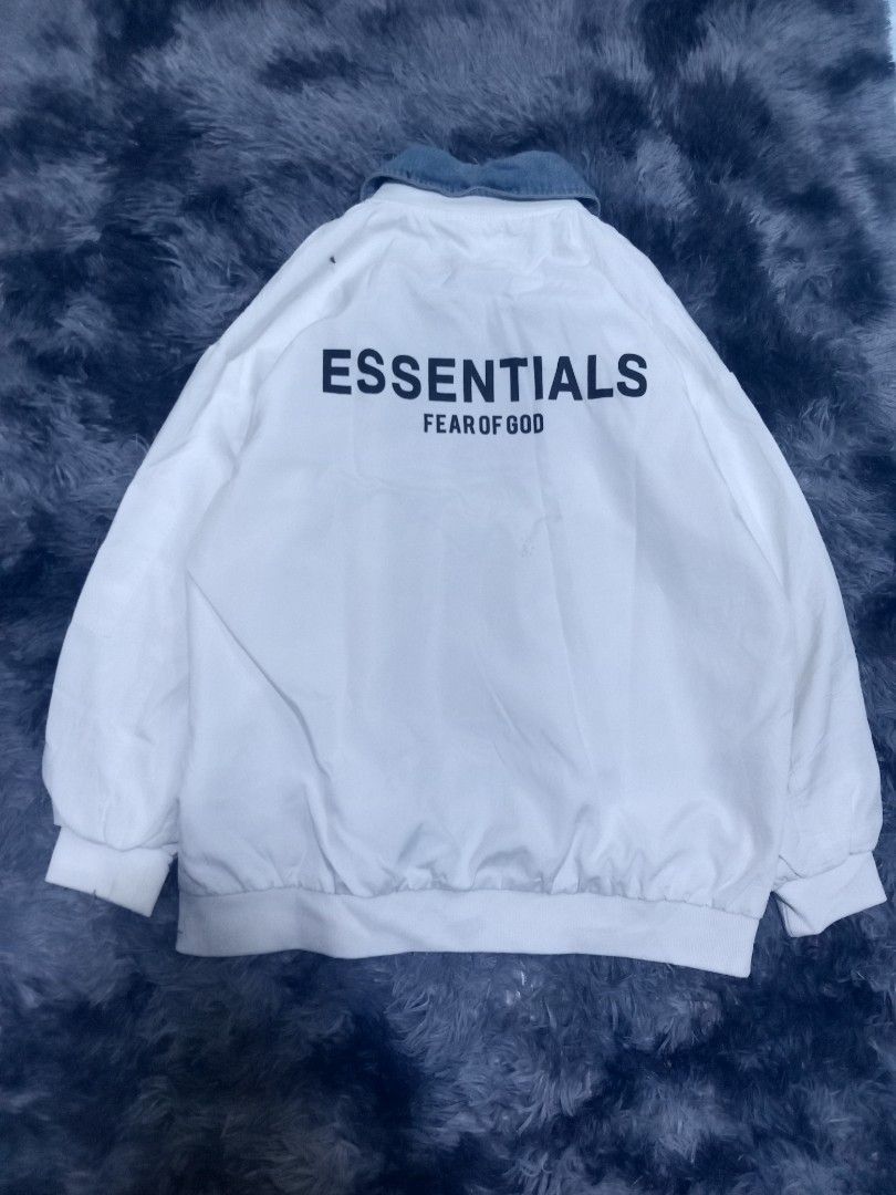 Essentials bomber jacket (Category: Coats, Jackets and Outerwear) located in Bacolod City. Submitted by wepthriftstyle (Listing ID 1465815362, Image 2). Description: Essentials bomber jacket Size/Dimes: Large to xlarge 23 width 27 length Actual color: white Color rate: 10/10 Issue:minimal black stains Overall EXCELLENT Double lining Lightweight breathable Denim collar No tags Off Payment via Gcash Delivery via j&t Nationwide shipping Unli videoca