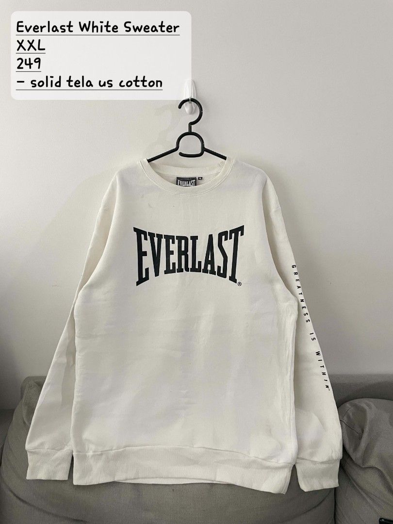 Everlast White Sweater (Category: Coats, Jackets and Outerwear) located in Quezon City. Submitted by mariaplusmoshi (Listing ID 1465760090, Image 1). Description: deets alr posted 📍Ever, Commonwealth, Q.C MOP: Gcash Lalamove/J&T.
