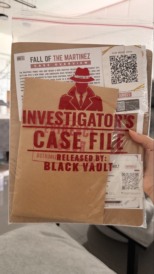Fall Of The Martinez Case File Detective Game (Category: PlayStation) located in Manila. Submitted by immelizza (Listing ID 1465793155, Image 1). Description: - Game: Fall Of The Martinez (Series 1) by Black Vault - Inclusions: Case overview, evidence pouch, and entry QR codes - Condition: All paper documents carefully stored inside clear plastic sleeves - Perfect for: At-home game nights and puzzle enthusiasts USED ONCE. Or swap baka may iba pa 