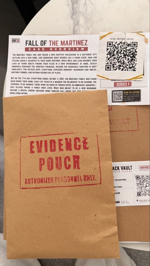 Fall Of The Martinez Case File Detective Game (Category: PlayStation) located in Manila. Submitted by immelizza (Listing ID 1465793155, Image 2). Description: - Game: Fall Of The Martinez (Series 1) by Black Vault - Inclusions: Case overview, evidence pouch, and entry QR codes - Condition: All paper documents carefully stored inside clear plastic sleeves - Perfect for: At-home game nights and puzzle enthusiasts USED ONCE. Or swap baka may iba pa 