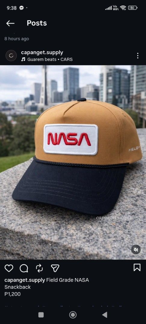 Field Grade NASA Snackback Cap (Category: Caps & Hats) located in Manila. Submitted by happycaps (Listing ID 1465858561, Image 1). Description: - Brand: Field Grade x NASA - Color: Tan crown with black brim and front rope detail - Design: Embroidered white patch with the classic red NASA worm logo - Fit: Adjustable snapback closure at the back NOTE: broken snapback see photo for reference.