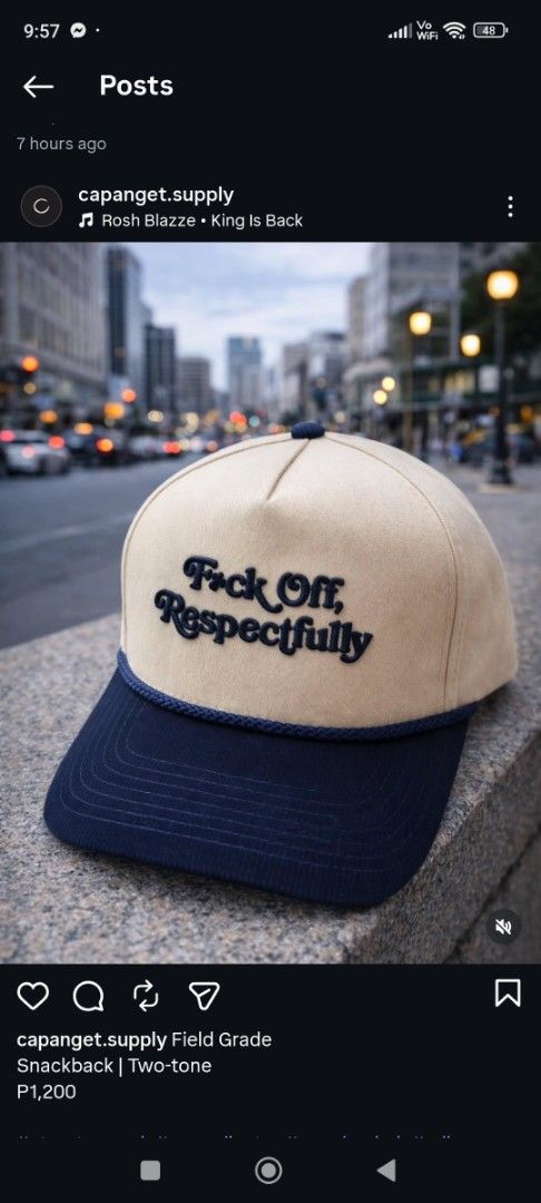Field Grade Snackback Two-Tone Cap (Category: Caps & Hats) located in Manila. Submitted by happycaps (Listing ID 1465859116, Image 1). Description: - Brand: Field Grade - Style: Two-tone snapback cap (Beige crown & Navy blue brim) - Front Design: Bold embroidered 'Fuck Off, Respectfully' lettering - Details: Navy blue rope across the crown base - Fit: Structured 5-panel build with adjustable snapback closure - Perfect for adding a bold, streetwea