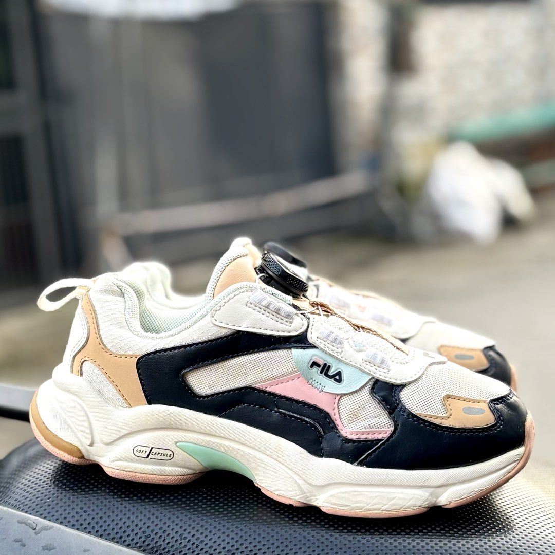 FILA Soft Capsule Womens Sneakers BOA System (Category: Sneakers) located in San Fernando. Submitted by kickslocker (Listing ID 1465920942, Image 2). Description: - Brand/Model: FILA Soft Capsule Chunky Sneakers - Size: Women's US 6 (23cm) - Closure: Convenient BOA dial lacing system (no traditional laces) - Design: Retro chunky platform sole with a multi-color palette (white, black, pastel pink, mint, and tan) - Condition: Clean uppers with mini