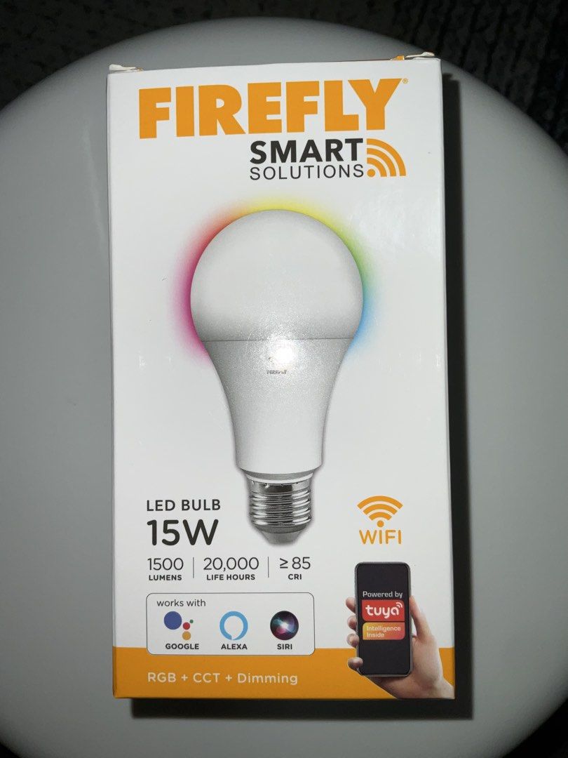 Firefly Smart Solutions 15W LED Bulb FSB115RCD (Category: Lighting) located in Pasig City. Submitted by joshua_listing (Listing ID 1465931325, Image 1). Description: - Brand: Firefly Smart LED Bulb (15 Watts) - Condition: Brand new, never opened, original box included - Smart Features: Wi-Fi enabled, works with Tuya, Google Assistant, Alexa, and Siri - Lighting Effects: RGB colors, CCT (adjustable white light), and dimmable - Brightness & Lifespa
