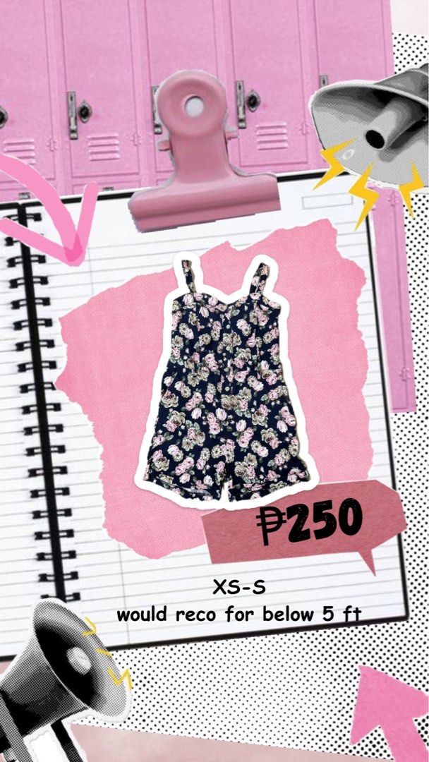 Floral Print Romper XS-S (Category: Rompers) located in Echague. Submitted by reniellarose (Listing ID 1465852984, Image 1). Description: - Color & Pattern: Navy blue with an all-over pink floral print - Design: Thick shoulder straps, sweetheart neckline, and button-front detail - Size: Fits XS to S - Best For: Heights below 5 ft - Style: Great piece for casual days out.