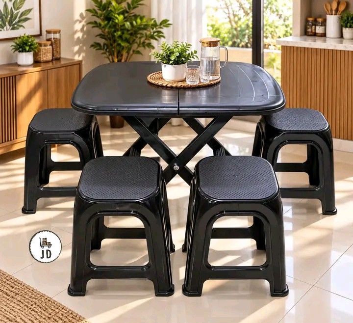 Folding table w/ Stool Mocha Set (Category: Tables & Sets) located in Manila. Submitted by berdenmarl01688 (Listing ID 1465824970, Image 1). Description: - Space-saving folding table with four matching stools - Durable solid plastic construction with a strong cross-leg metal support frame - Smooth rectangular tabletop featuring safe, rounded corners - Sturdy and stable legs on both the table and stools - Easy to fold away and store when not in us