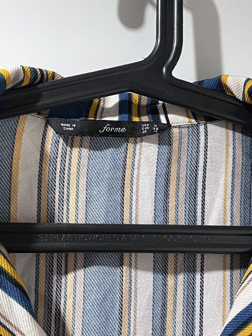 For me Striped Short Sleeve Button Down Shirt Size M (Category: Shirts) located in Manila. Submitted by shijin_007 (Listing ID 1465845688, Image 2). Description: - Brand: Forme - Style: Short sleeve button-down shirt with a collar and single chest pocket - Pattern: Multi-color vertical stripes (blue, yellow, white, and black) - Size: USA M, EUR 38, UK 10 Pickup/Delivery Options: •Full payment required first before delivery (J&T or Lalamove) •No C