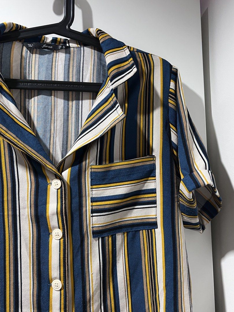 For me Striped Short Sleeve Button Down Shirt Size M (Category: Shirts) located in Manila. Submitted by shijin_007 (Listing ID 1465845688, Image 3). Description: - Brand: Forme - Style: Short sleeve button-down shirt with a collar and single chest pocket - Pattern: Multi-color vertical stripes (blue, yellow, white, and black) - Size: USA M, EUR 38, UK 10 Pickup/Delivery Options: •Full payment required first before delivery (J&T or Lalamove) •No C