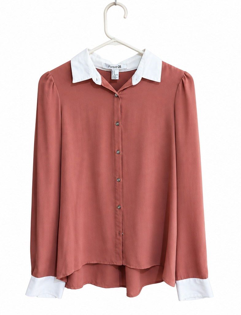 Forever 21 Collared Long Sleeve Blouse (Category: Longsleeves) located in Manila. Submitted by only_alyssacloset (Listing ID 1464398327, Image 1). Description: Forever 21 with cream collared Long sleeve blouse Color: Dusty Rose (Teracotta/Dark peach) Size: Small to Medium .