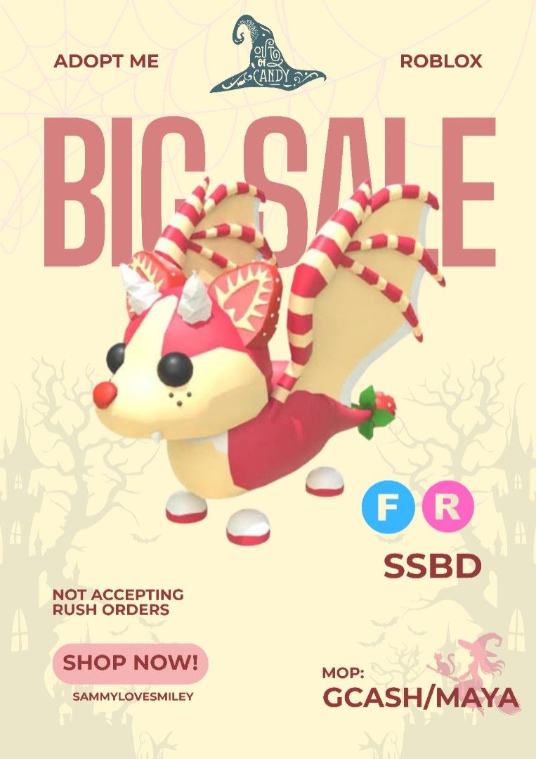 FR Strawberry Shortcake Bat Dragon|SSBD Adopt Me (Category: In-Game Products) located in Iligan City. Submitted by sammylovesmiley (Listing ID 1464719883, Image 1). Description: ☞dm me for fast transaction ☞only accepting GCASH and MAYA for payment ☆fixed price ☆ No refund after the trade.