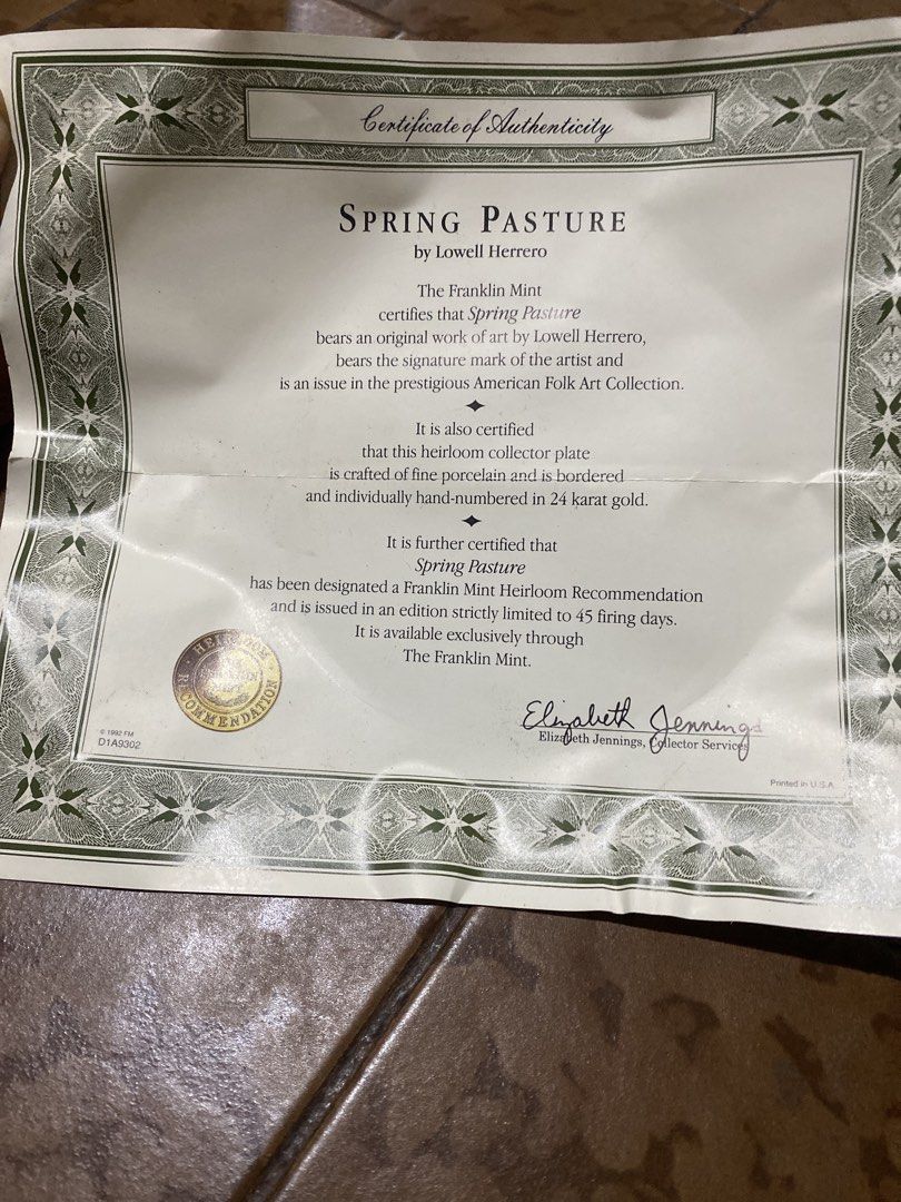 Antique Display Plate Collectible Collector Franklin Mint Spring Pasture Collector Plate with Certificate (Category: Dinnerware & Cutlery) located in Cainta. Submitted by narraveranda (Listing ID 1465881948, Image 3). Description: .