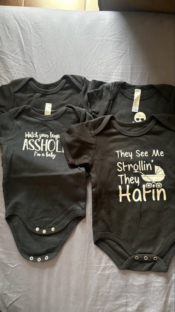 Funny baby onesies (Category: Babies & Kids Fashion) located in Taguig. Submitted by trashpalace_ (Listing ID 1465841600, Image 2). Description: Take all 600 or 200 each Fits 6 months - Bundle of 4 black short-sleeve baby bodysuits - Features hilarious funny text prints ('I shizzled in my dizzle', '18 years until my first tattoo', and more) - Made with soft, breathable cotton fabric for baby's comfort - Convenient bottom snap buttons for quick an