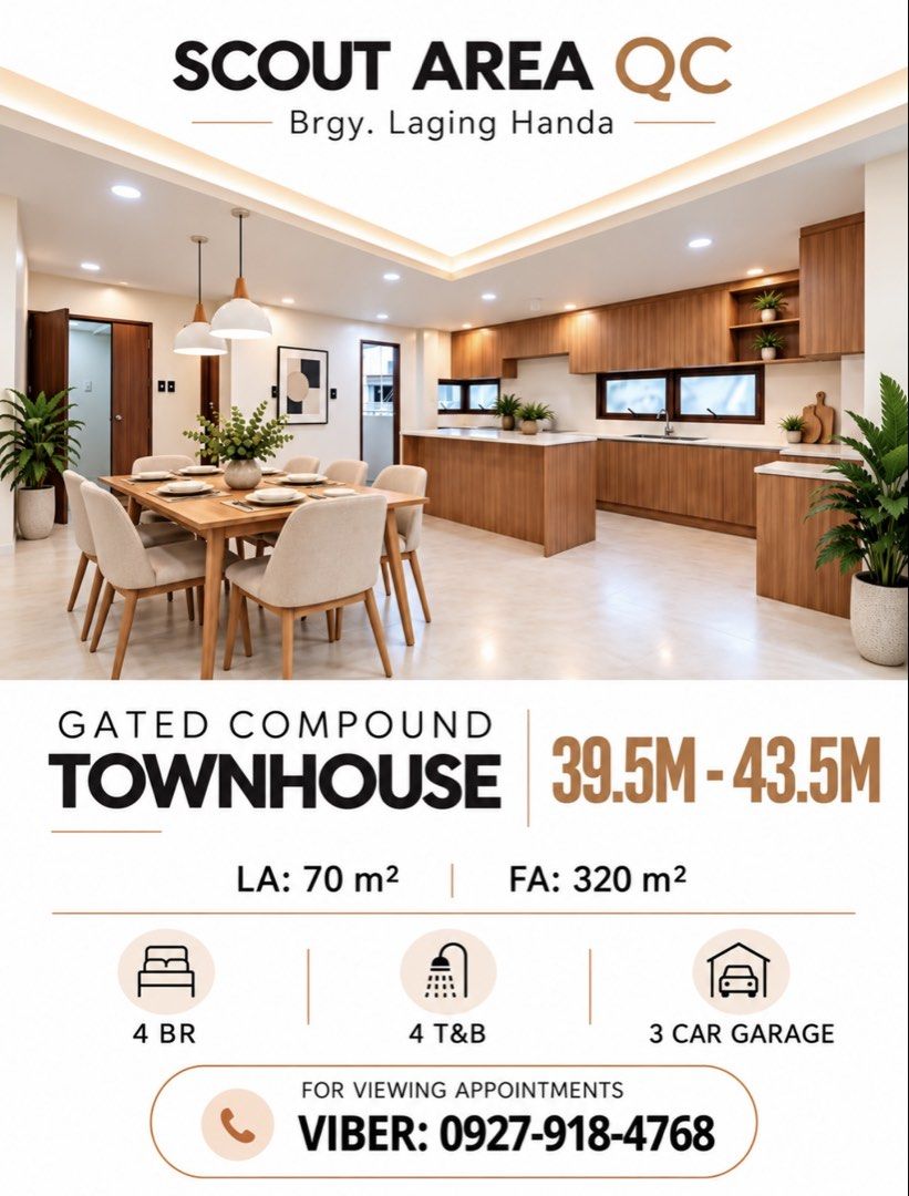 Scout Area Townhouse Gated Compound (Category: Townhouse) located in Taguig. Submitted by onebellepremier (Listing ID 1465947227, Image 1). Description: - Location: Scout Area, Brgy. Laging Handa, Quezon City (Gated Compound) - Land Area: 70 sqm - Floor Area: 320 sqm - Bedrooms: 4 - Bathrooms: 4 - Parking: 3-Car Garage - Features: Open layout living & dining, modern kitchen setup .
