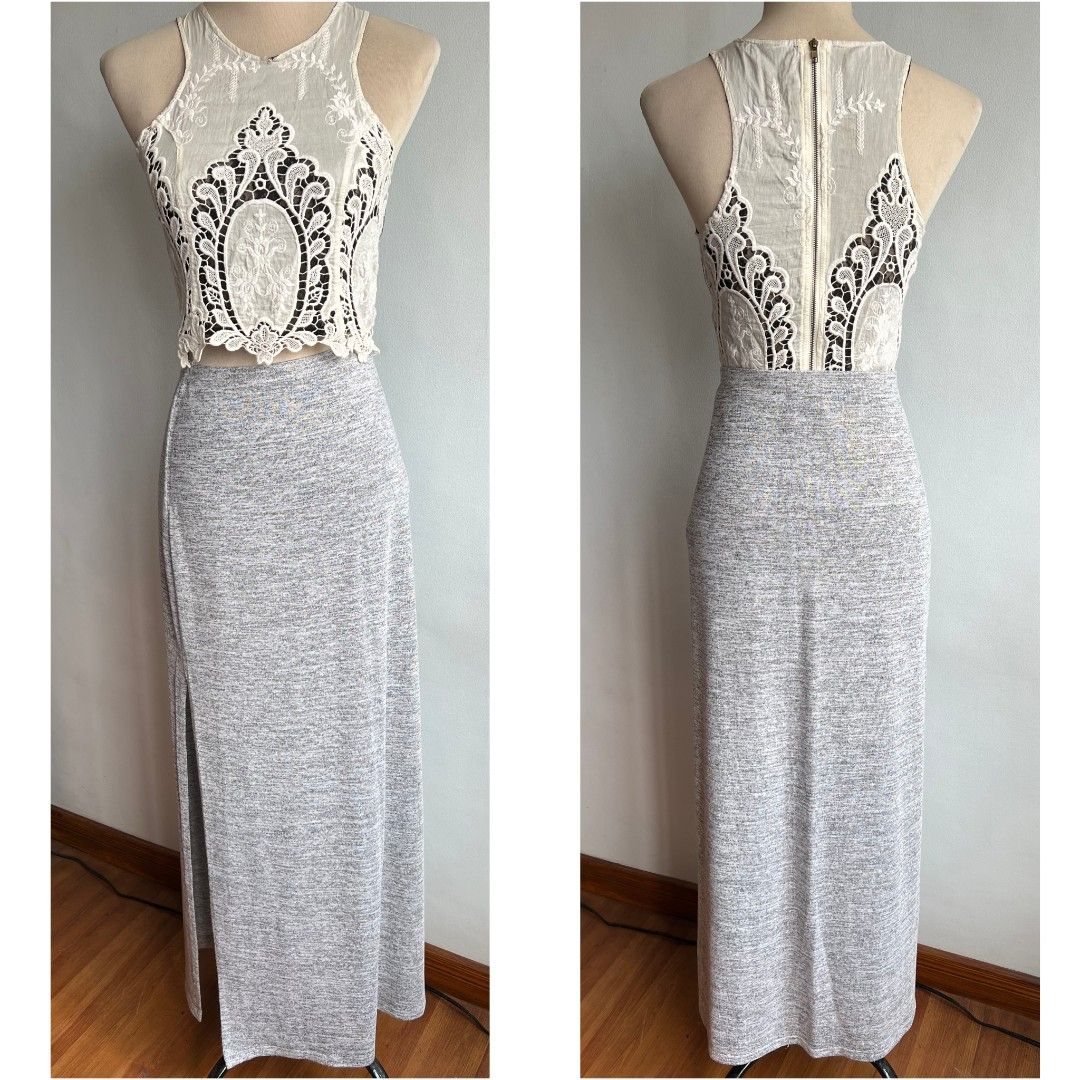 George Maxi Skirt high slit (Category: Skirts) located in Quezon City. Submitted by rosepam (Listing ID 1465856372, Image 2). Description: George Heathered Gray Knit Maxi Skirt Side slit (24") Size on tag: M Elastic waist 29-40 *some dirt/stain sa bottom/hem FIX PRICE Measurements posted for reference *Stored item sa closet (pls wash before wearing, light colored - may have some dirt or stain/s due to storage).