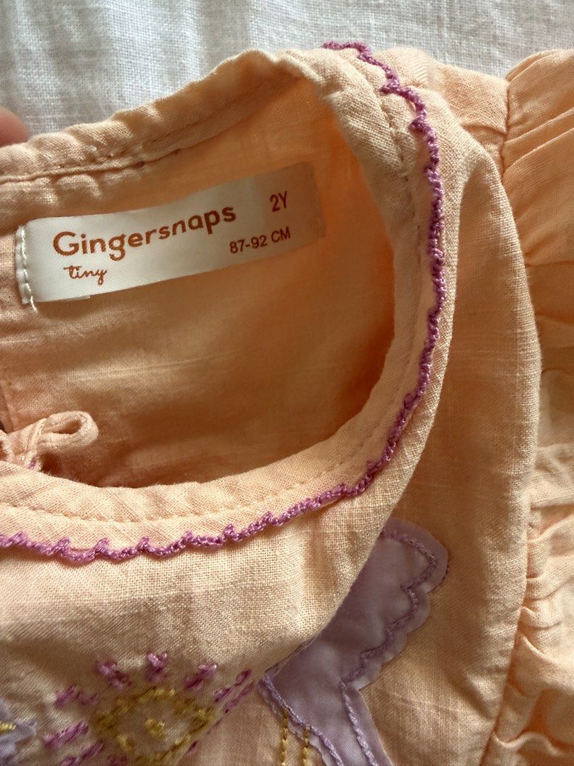 Gingersnaps Tiny Peach Bird Embroidered Flutter Sleeve Top 2Y (Category: Babies & Kids Fashion) located in Taguig. Submitted by muntingkahon (Listing ID 1465765813, Image 3). Description: - Brand: Gingersnaps Tiny - Size: 2Y (fits heights 87-92 cm) - Color: Peach with purple contrast stitching on flutter sleeves and collar - Design: Sweet embroidered purple birds and floral details on the front - Closure: Convenient button closure at the back nec